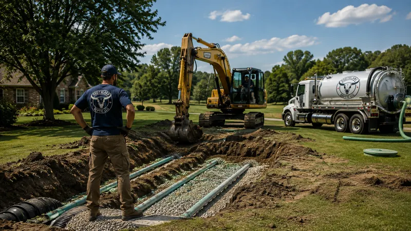 Excavator and trench work during a septic drain field repair project