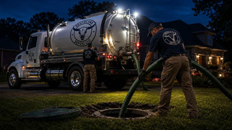 Southland Septic vacuum truck and technician providing septic service after dark
