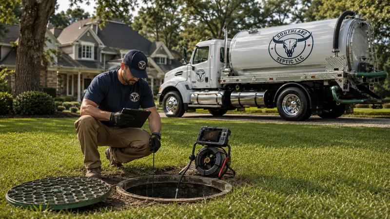 Septic technician working at a located septic tank access in a residential lawn
