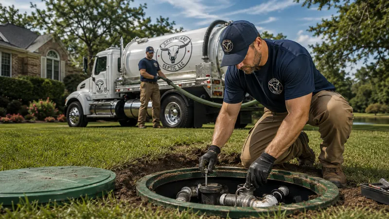 Southland Septic technician working at a septic tank access point in a residential yard