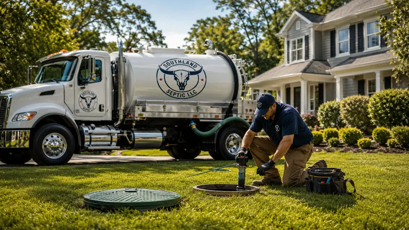Southland Septic service truck and technician at a residential property