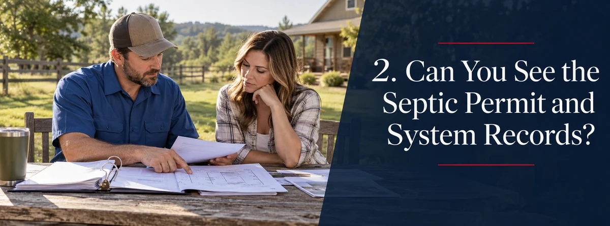 Property buyer and septic professional reviewing available system records at a rural home