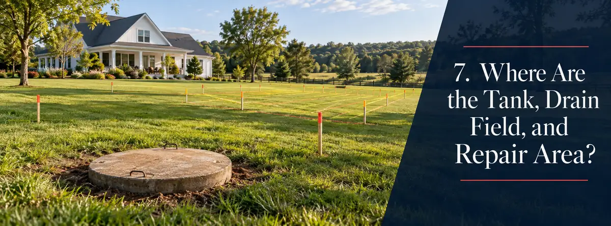 Buried concrete septic access area and marked yard space on a rural Lexington County property