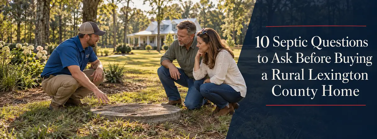 Home buyers reviewing a buried concrete septic access area with a professional at a wooded rural property