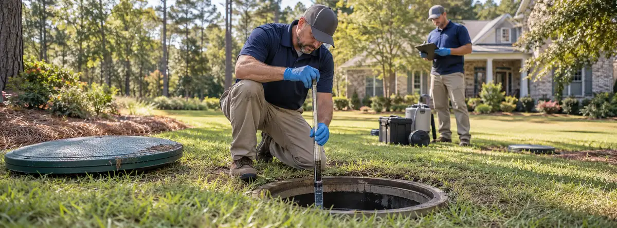 Septic technicians inspecting an open tank access on a Lexington South Carolina lawn