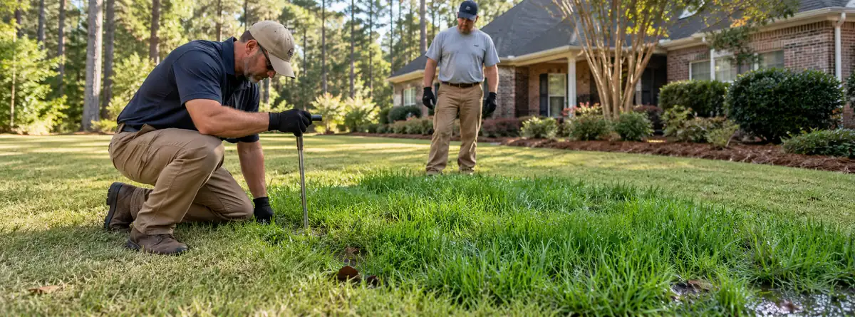 Technicians checking a wet unusually green section of lawn near a residential septic area