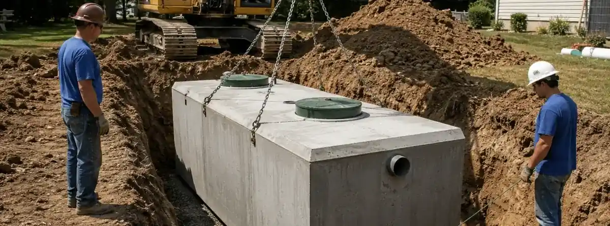 New concrete septic tank being lowered into a prepared excavation during a residential septic system installation in Gilbert SC