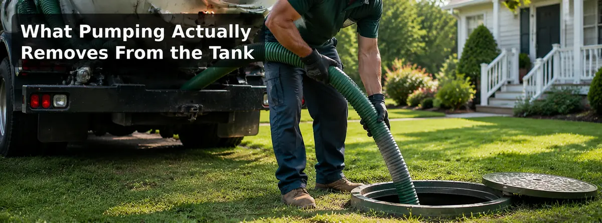 Septic service technician preparing pumping equipment beside a residential septic system in Gilbert SC