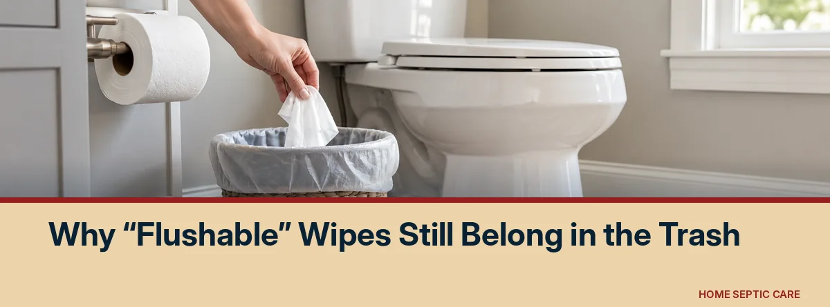 Hand placing a disposable wipe in a trash bin beside a toilet