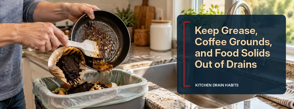 Kitchen pan residue and coffee grounds being scraped into a waste container beside a sink