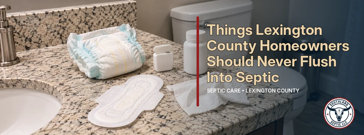 Bathroom counter with a diaper, hygiene products, dental floss, medicine bottle, and paper towel beside a toilet.